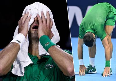 Opvallende beelden: oververmoeide Djokovic bibbert en heeft hulp nodig van racket om op de been te blijven