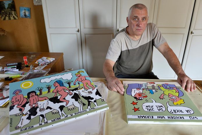 Leon Van de Velde, bekend als cartoonist Pirana, met enkele werken.