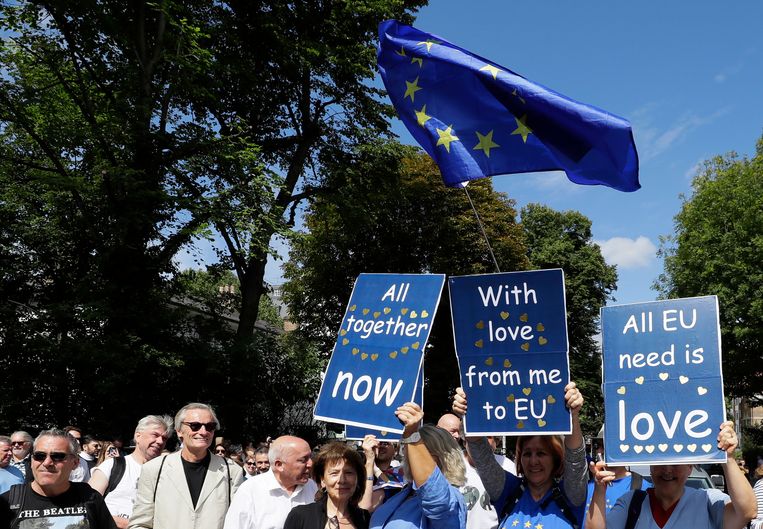 Anti-brexit demonstranten demonstreren tegen de brexit.  Beeld AP