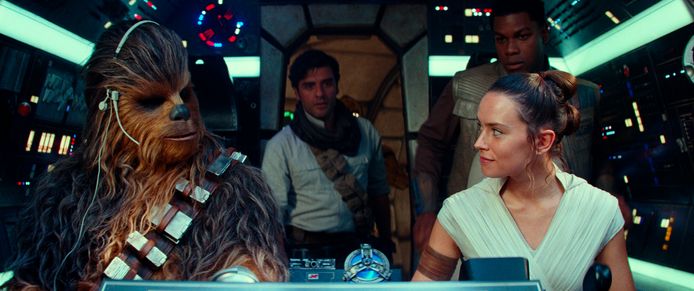 Chewbacca, Poe Dameron, Rey en Finn.