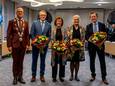 Vorige maand werd het nieuwe college van Montferland gepresenteerd, met van links naar rechts: Harry de Vries, Henk Groote, Ingrid Wolsing, Jeanette Derksen en Gerard Nijland.