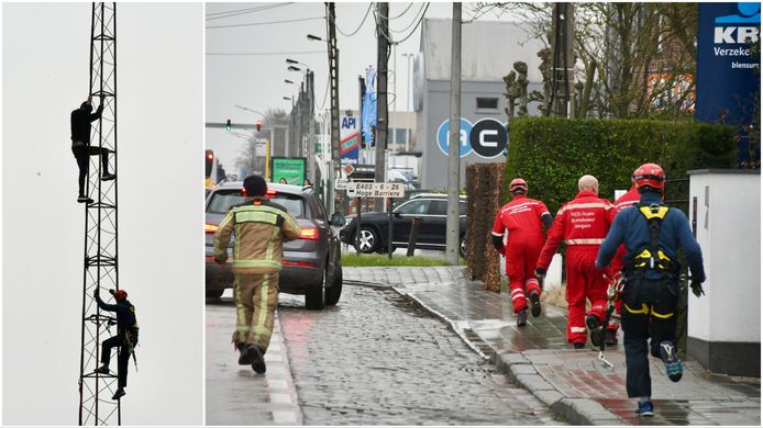 De jongeman verschanste zich zowat anderhalf uur in een zendmast langs de Meensesteenweg in Roeselare. Van zodra de brandweer naderde, kroop hij hogerop. Uiteindelijk daalde hij toch weer af en ging op de vlucht, achternagezeten door politie en brandweer.