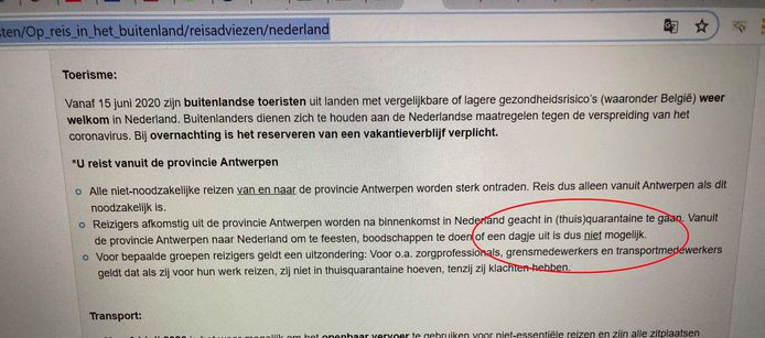 Het aangepaste reisadvies voor Nederland sinds 29/7. "Een dagje uit voor reizigers afkomstig uit de provincie Antwerpen is niet mogelijk."