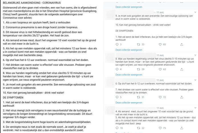 Een bericht dat zowel op Facebook (links) als Twitter (rechts) circuleert.