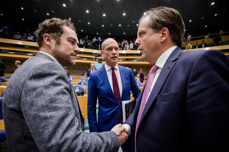 Fractieleiders Dijkhoff (VVD), Segers (ChristenUnie) en Pechtold (D66). Beeld anp