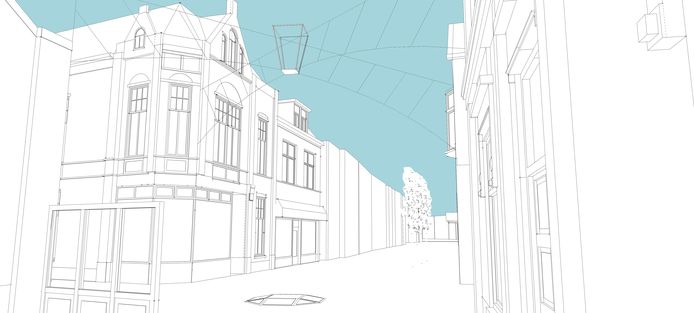 Artist impression visualisatie stadspoort met lantaarn op de kruising Grotestraat, Schuttenstraat.