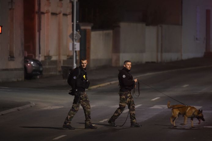 Franse politiemensen met speurhonden tijdens de grootscheepse zoekactie naar Lisa P.