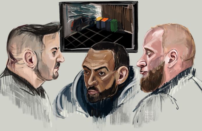 Rechtbanktekening van Burak K., Ajoub M. en Roberto R. in de rechtbank van Zwolle. Ze worden verdacht van het tot ontploffing brengen van een vuurwerkbom tijdens de nieuwjaarsnacht in Deventer.