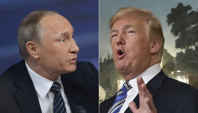 De Russische president Poetin (links) en de Amerikaanse president Trump (rechts).