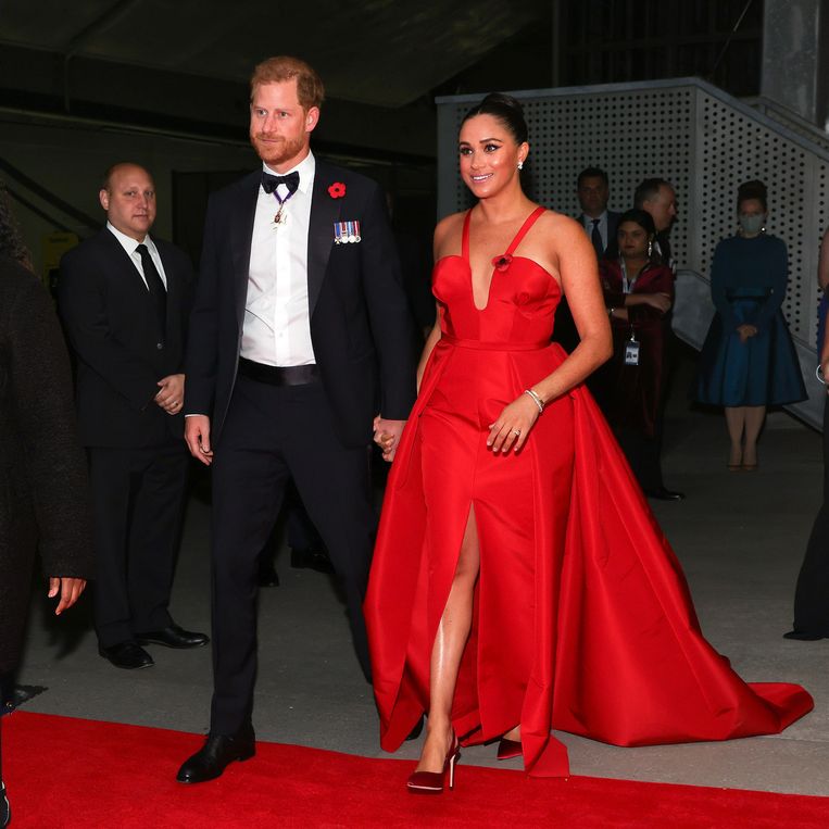 Prins Harry en Meghan tijdens Freedom Gala in het Intrepid Museum (2021) Beeld Getty Images