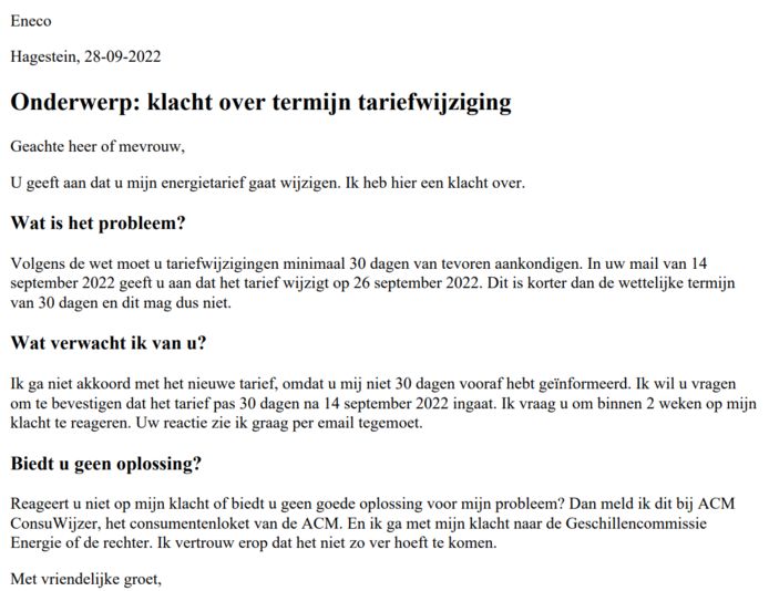 Een ingevulde voorbeeldbrief van ACM Consuwijzer van een een Eneco-klant. Energiebedrijven kunnen vele tienduizenden bezwaarprocedures verwachten als de 30 dagentermijn niet wordt nageleefd.