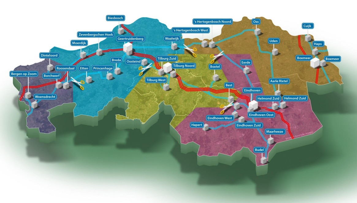 De Brabantse stroomvoorziening in 2030 volgens Tennet: vijf deelgebieden met elk een eigen aansluiting op het landelijke hoogspanningsnet.