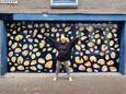 Jeanne Dekkers maakt een muurschildering in de Papenstraat in Delft tegen graffiti.