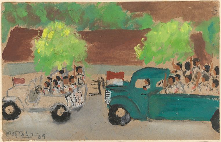 Republikeinse troepen keren terug naar Jogjakarta, juni 1949. Schilderij door Mohammad Toha. Beeld Rijksmuseum
