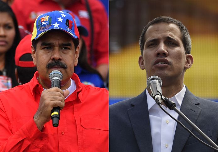 Nicolas Maduro (L) en Juan Guaido (R).