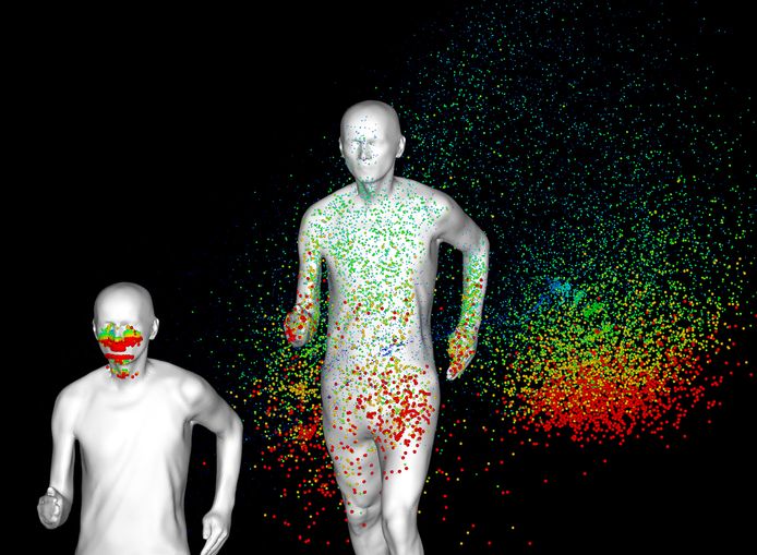 Tijdens het joggen komen speekseldruppels terecht in de slipstream.