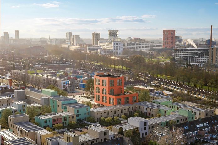 Een impressie van het zogenaamde waaggebouw op het Celsiusplein in Woensel West, Eindhoven. De bouw van dit nieuwe wijkgebouw is nu officieel begonnen.