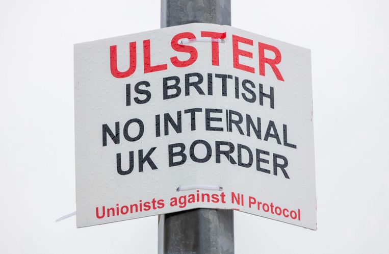 Dit is nog een van de beschaafdste uitingen van protest (in de Noord-Ierse havenplaats Larne) tegen de nieuwe handelsgrens in de Ierse Zee.  Beeld AFP 
