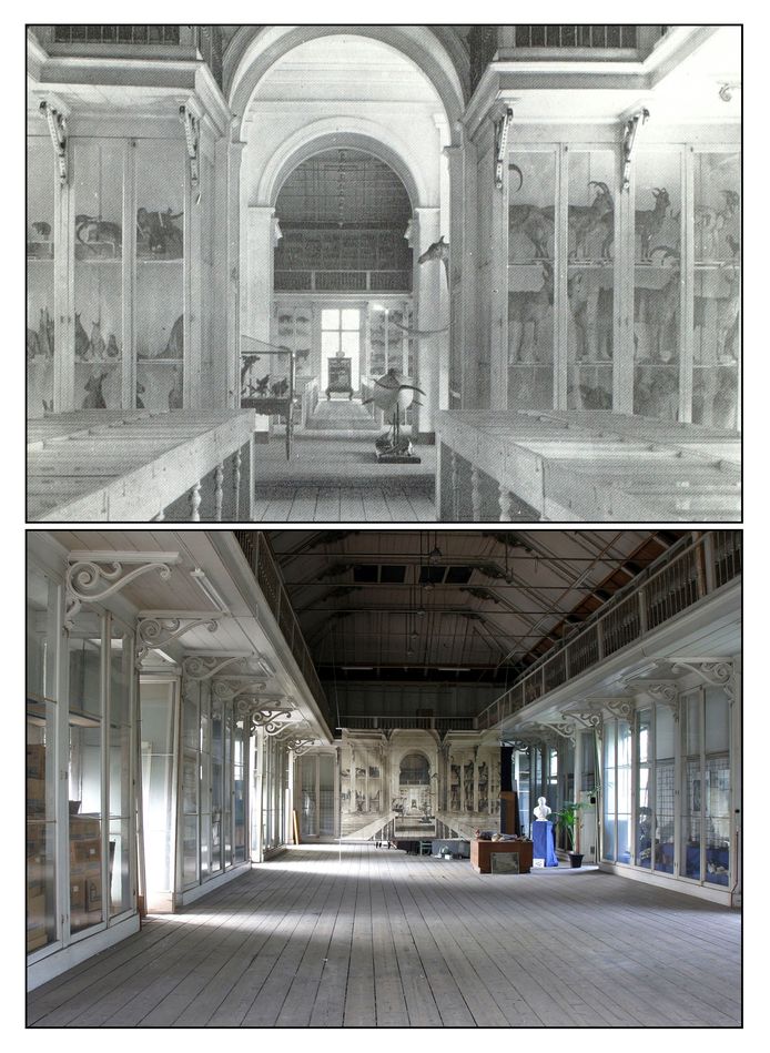 Boven: het Groote Museum omstreeks 1920. Onder: het Groote Museum in 2006.