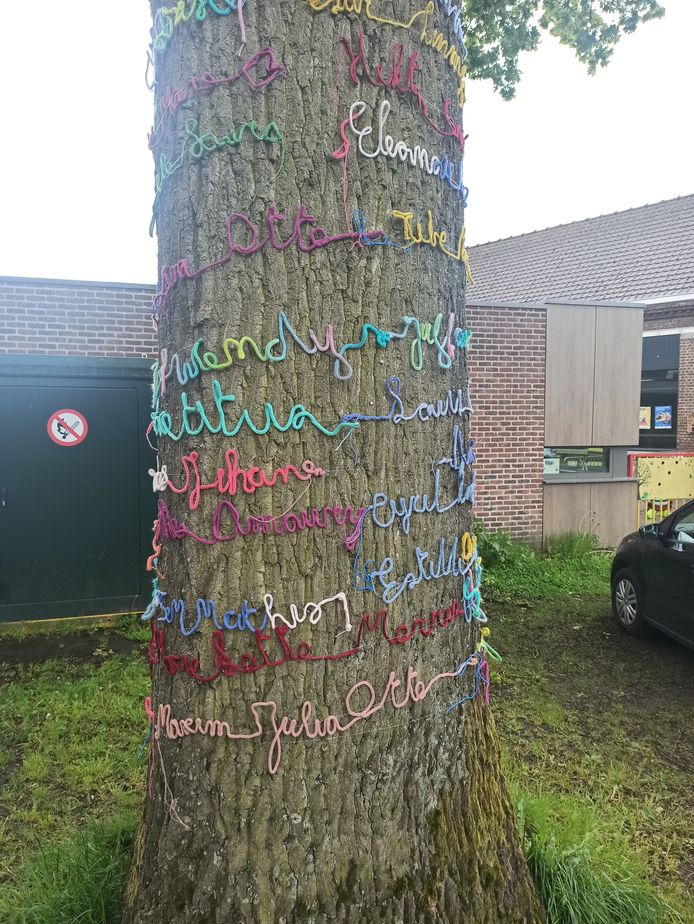 Alle namen van de kinderen werden verzameld op een boom.