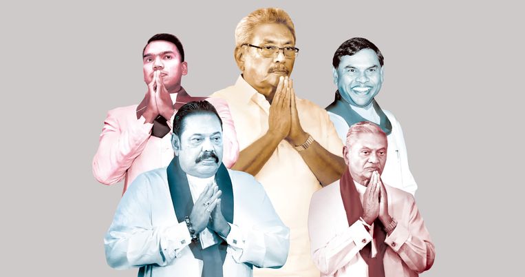 Boven: Namal, Gotabaya en Basil Rajapaksa. Onder: Mahinda en Chamal Rajapaksa.
 Beeld ANP, AFP, Getty
