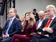 Pieter Omtzigt (NSC), Dilan Yesilgoz (VVD) en Geert Wilders (PVV) tijdens de presentatie van hun hoofdlijnenakkoord.
