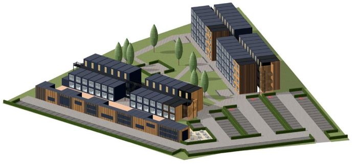 Artist's impression van de tijdelijke bebouwing op de locatie Smeeing.