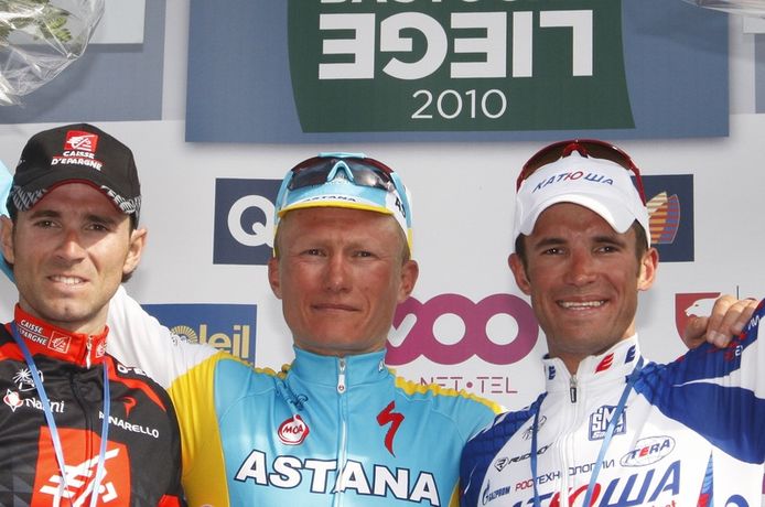 Het podium van Luik-Bastenaken-Luik: Alejandro Valverde, Alexandre Vinokourov, Alexandr Kolobnev.