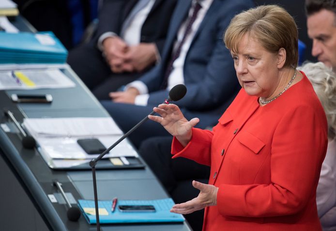 De Duitse bondskanselier Angela Merkel, vandaag in de Bondsdag in Berlijn.
