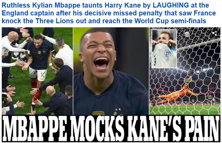 Daily Mail schreef een artikel over de reactie van Mbappé op de penaltymisser van Kane Beeld Daily Mail.
