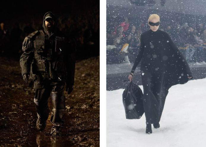 Links: Kanye 'Ye' West op de recentste show in Parijs (de modderpoel), rechts: de sneeuwstorm-show in maart 2022.
