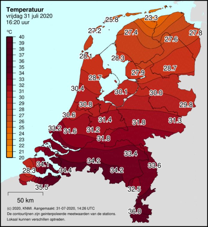 In oostelijk Zeeuws-Vlaanderen liep de temperatuur tegen het eind van de middag op tot 35,5 graden Celsius.