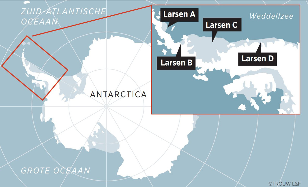 Locatie van ijsplaten Larsen A, B, C en D op Antartica Beeld @Trouw