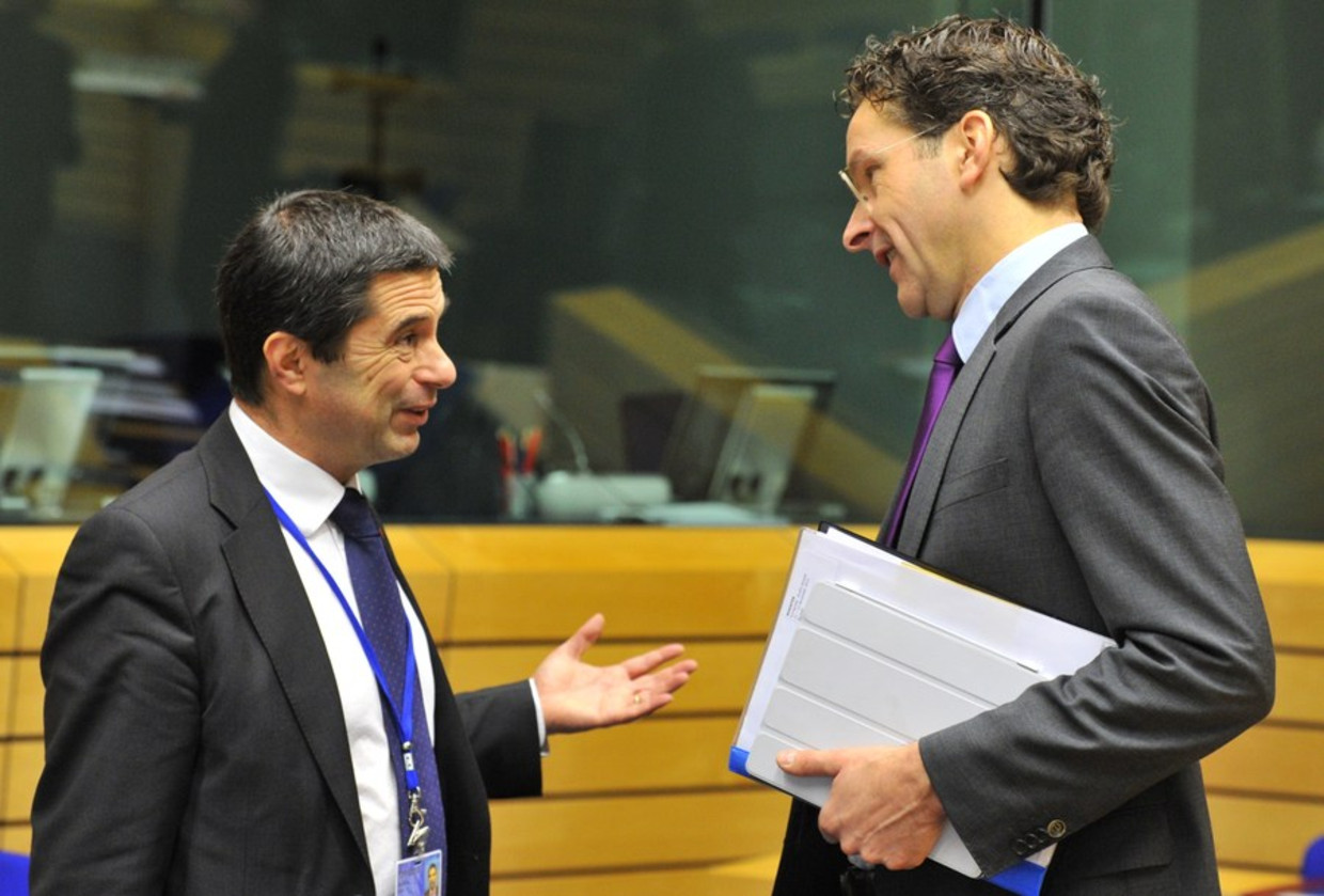 Dijsselbloem met de Portugese minister van Financiën Gaspar half december in Brussel. Beeld afp