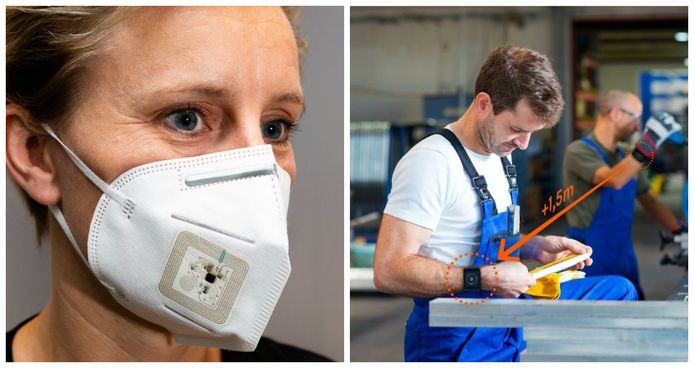 Enkele toepassingen waar ingenieurs de afgelopen maanden aan meewerkten: slimme mondmaskers en een digitale armband met afstandsalarm