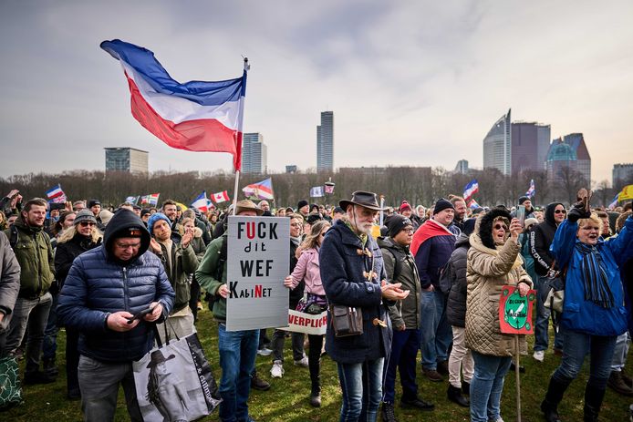 Demonstranten op het Malieveld tijdens een actie van Nederland in Verzet. De actiegroep heeft lokale demonstranten opgeroepen om samen te komen in Den Haag. De actiegroep protesteert tegen het coronabeleid van de overheid.