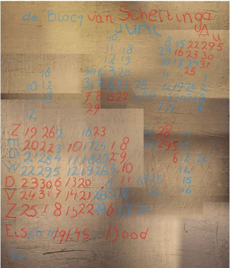De aangetroffen inscriptie op het geplamuurde stuk muur, met onderaan: ‘Eisch 11/9/45 Dood’. De twee kleuren geven weer welk deel met welke techniek zichtbaar is gemaakt. Beeld Heritage Science/TU Delft