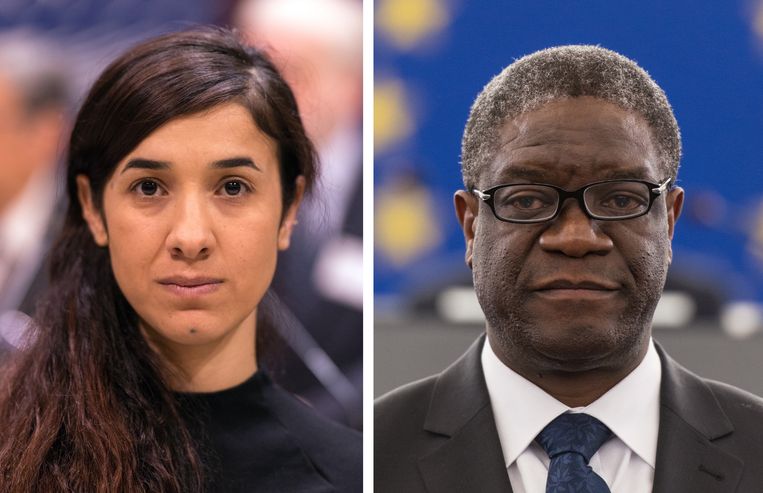 Nadia Murad en Denis Mukwege winnen samen de Nobelprijs voor de Vrede. Beeld EPA