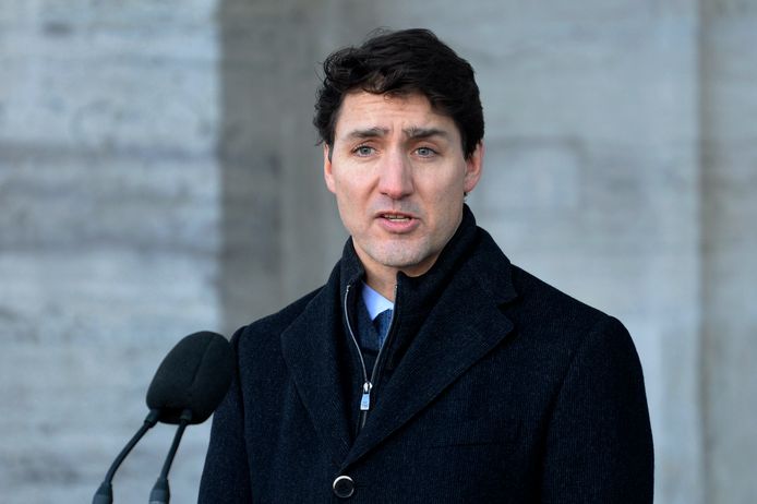 De Canadese premier Justin Trudeau maandag tijdens de persconferentie waarin hij de terdoodveroordeling scherp afwees