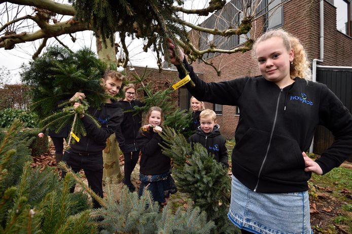 Vlnr Wilco, Rachel, Evy, Anouk, Thomas en Naomi verzamelen kerstbomen voor het goede doel.
