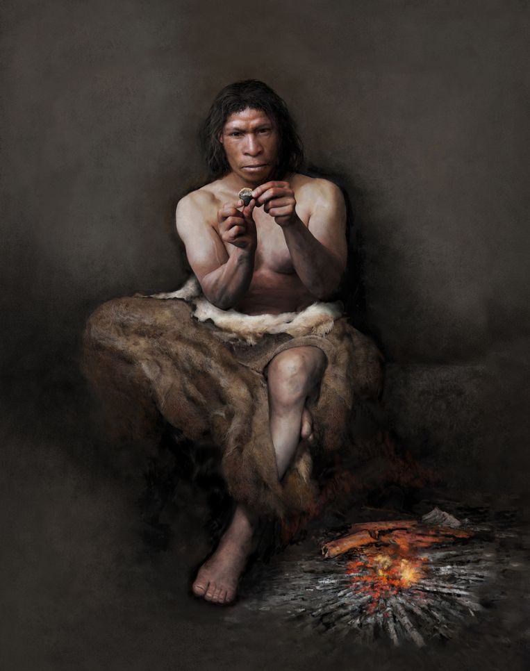 Neanderthaler met vuurstenen werktuig. Deze vroege mensensoort trok rond 400.000 jaar geleden het gebied binnen. Beeld Tom Björklund/Moesgaard Museum, Denemarken