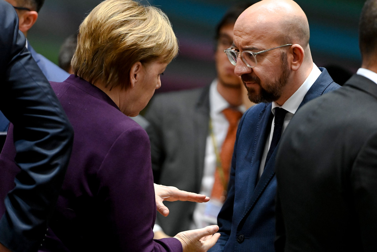 Duits bondskanselier Angela Merkel en Europees Raadsvoorzitter Charles Michel.