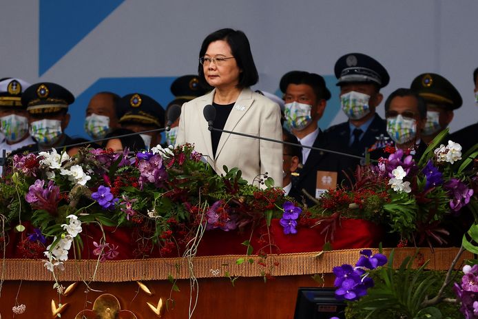 De Taiwanese president Tsai Ing-wen tijdens een toespraak op de nationale feestdag.
