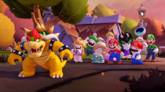 De hele ploeg bijeen in 'Mario + Rabbids: Sparks of Hope'.