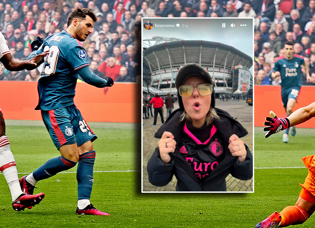 Verloofde van Santiago Giménez in Feyenoord-shirt tussen Ajax-fans ...