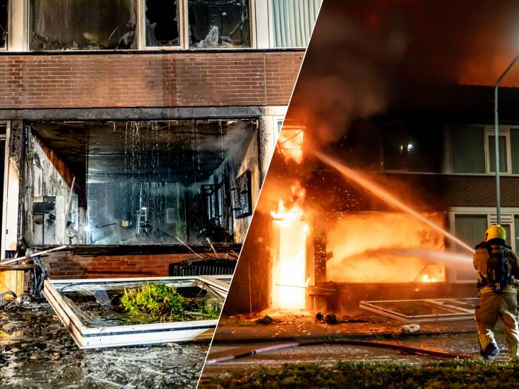Vuurzee na enorme explosie in woning, voorpui ligt op straat: ‘Bewoonster rende zwaargewond naar buiten’