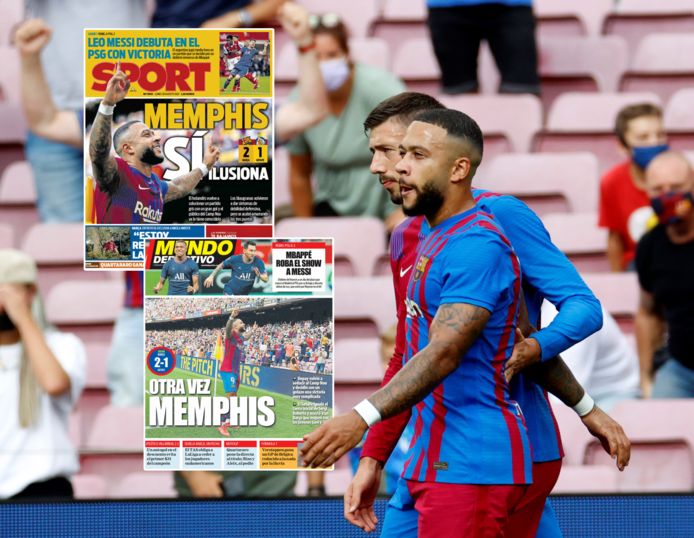 Memphis Depay viert zijn goal met Clément Lenglet.