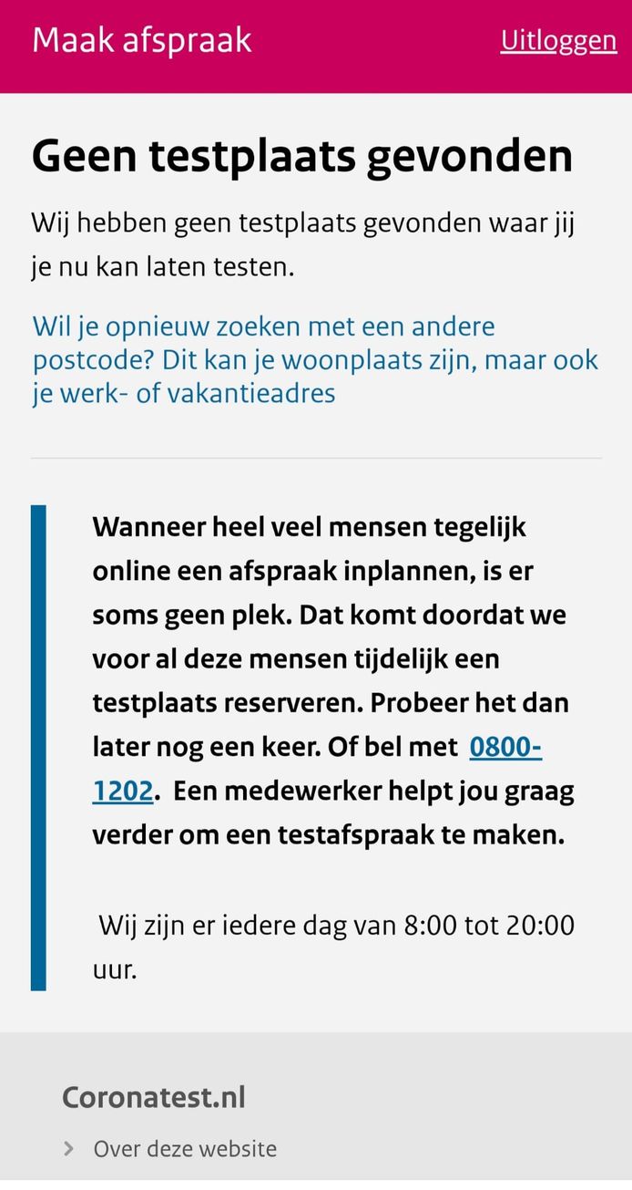 Brabanders krijgen de melding 'geen testplaats gevonden' na het invullen van hun postcode.