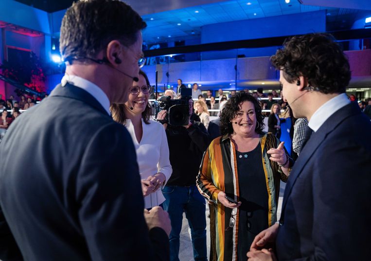 Het lijstrekkersdebat van de NOS. Op de foto Mirjam Bikker (ChristenUnie), Mark Rutte (VVD), Caroline van der Plas (BBB) en Jesse Klaver (GroenLinks).  Beeld ANP