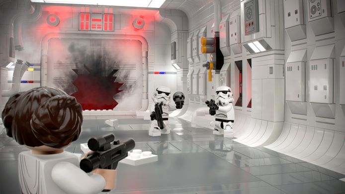Prinses Leia wendt stortroepers af die haar consulaire schip enteren.